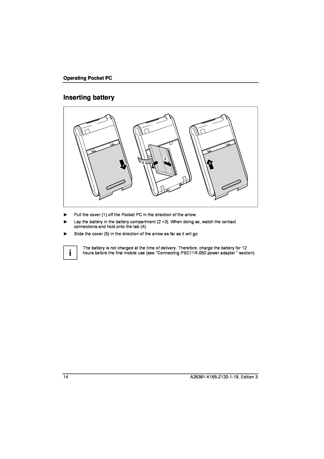 Zweita  Co N/C Series manual Inserting battery, Operating Pocket PC 