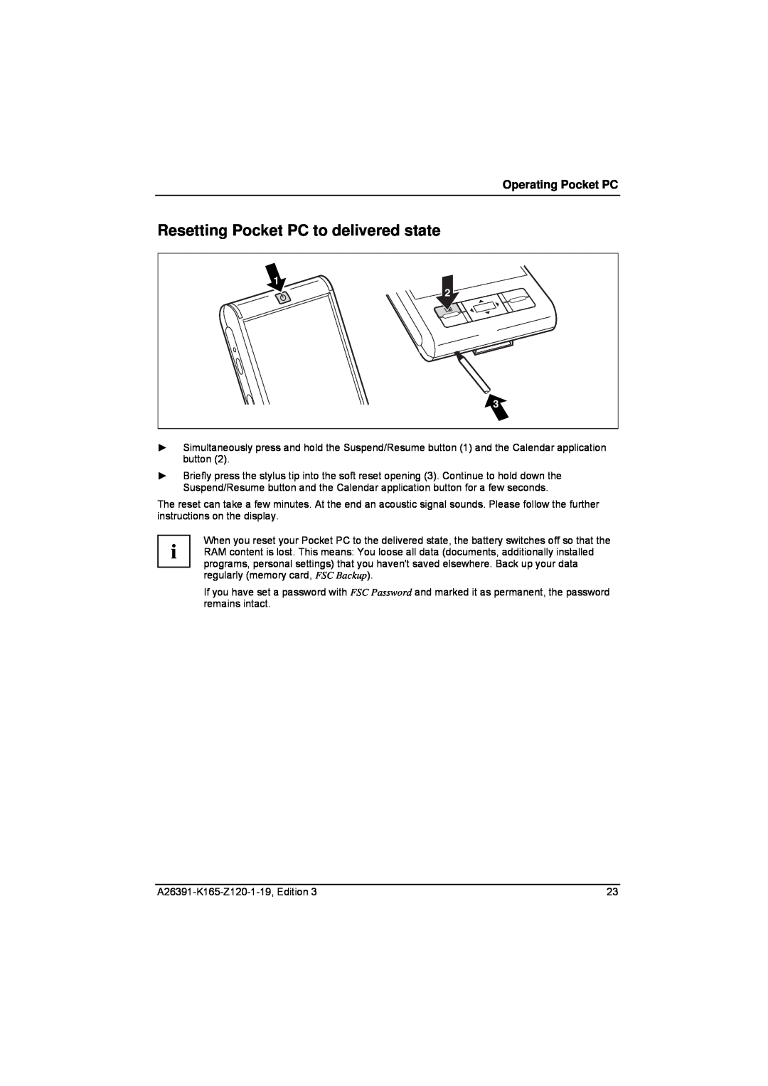 Zweita  Co N/C Series manual Resetting Pocket PC to delivered state, Operating Pocket PC 