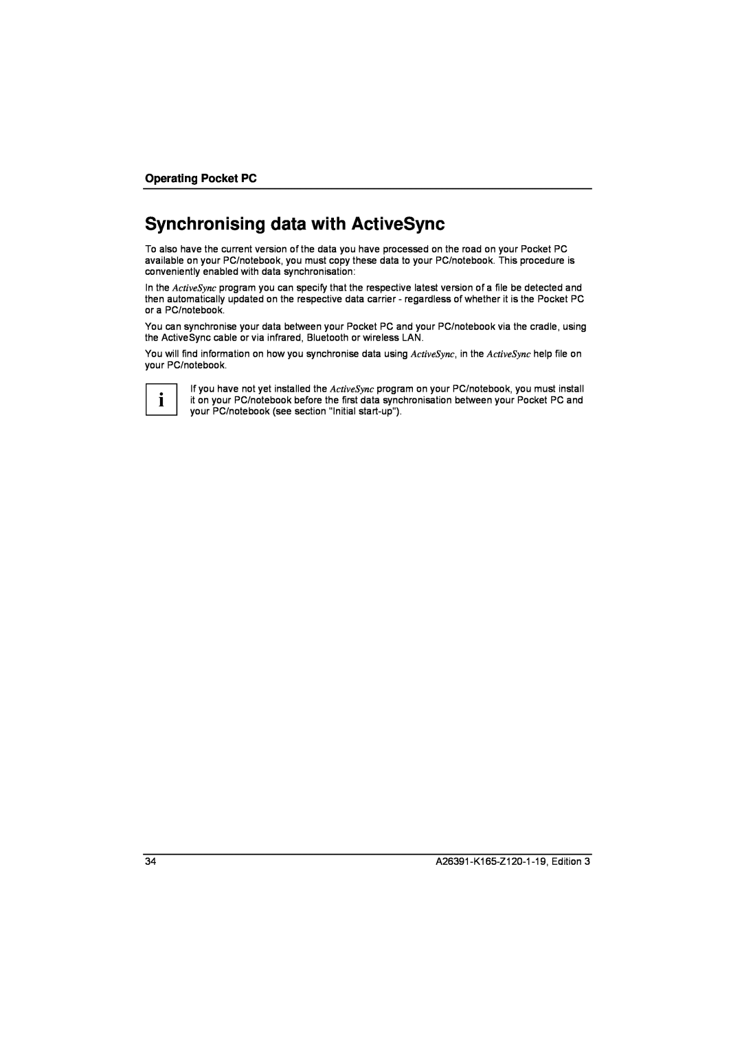 Zweita  Co N/C Series manual Synchronising data with ActiveSync, Operating Pocket PC 