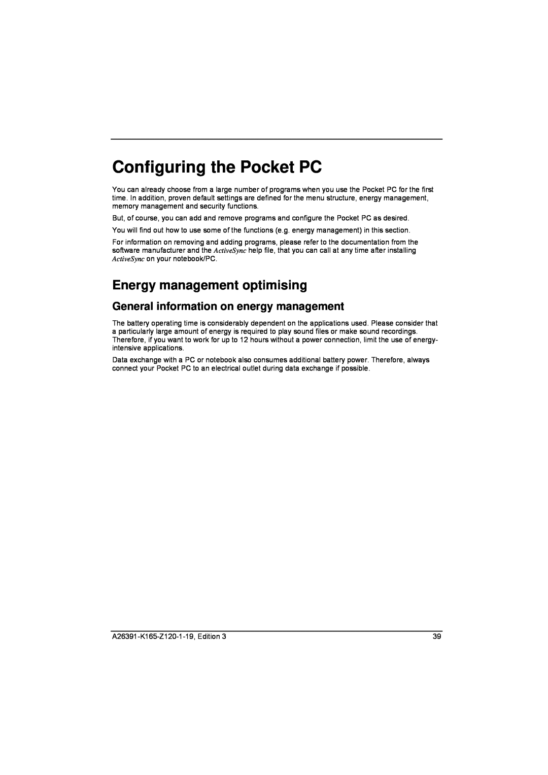 Zweita  Co N/C Series Configuring the Pocket PC, Energy management optimising, General information on energy management 