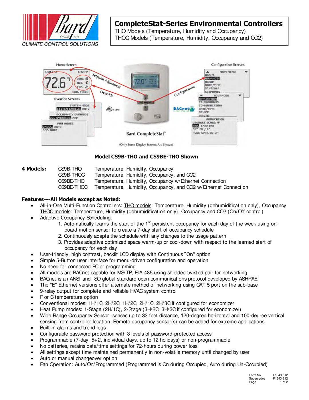 Zyliss CS9BE-THO, CS9B-THO manual CompleteStat-Series Environmental Controllers, Features---All Models except as Noted 