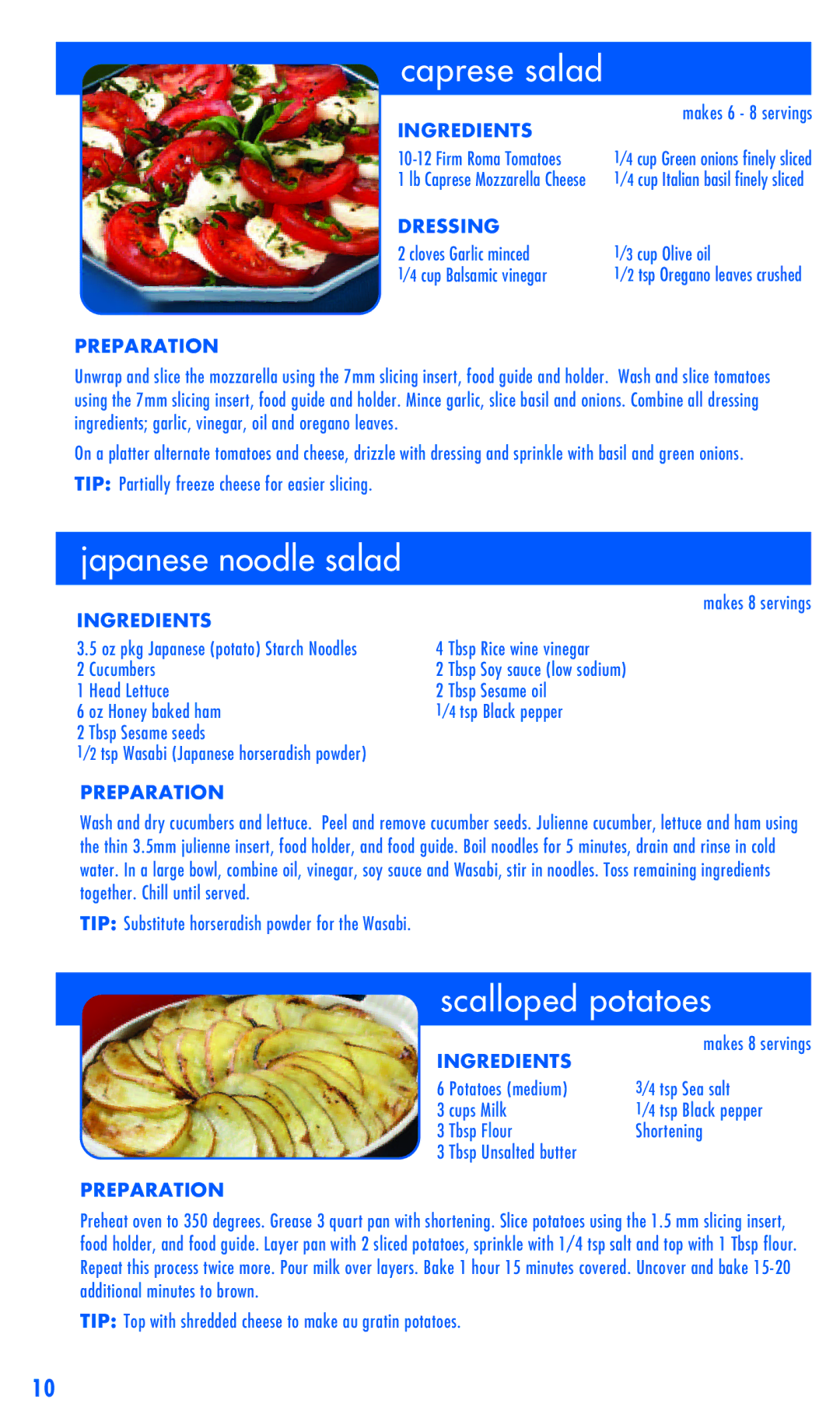 Zyliss safety rail-guided slicer easyslice mandolineTM manual Caprese salad, Japanese noodle salad, Scalloped potatoes 