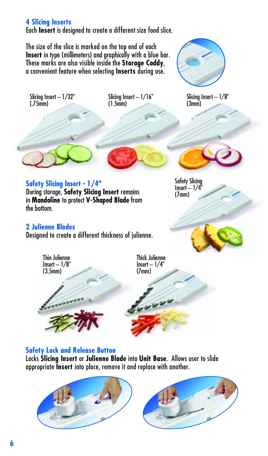 Zyliss safety rail-guided slicer easyslice mandolineTM manual Slicing Inserts, Safety Slicing Insert 1/4, Julienne Blades 