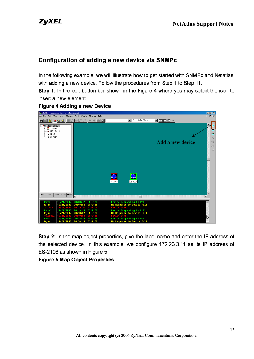 ZyXEL Communications 1 manual Configuration of adding a new device via SNMPc, Adding a new Device, Map Object Properties 