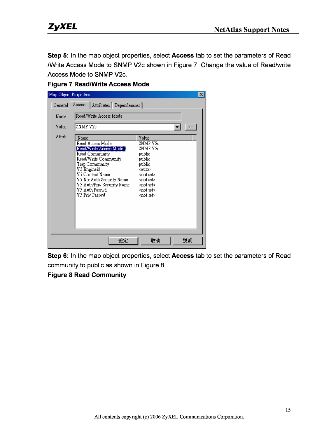 ZyXEL Communications 1 manual Read/Write Access Mode, Read Community, NetAtlas Support Notes 