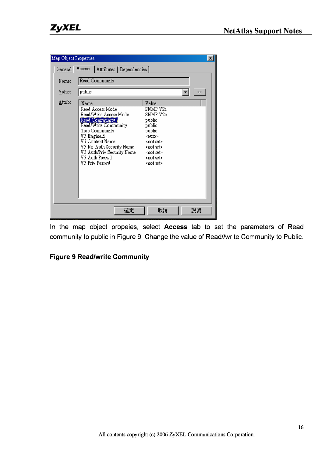 ZyXEL Communications 1 manual Read/write Community, NetAtlas Support Notes 
