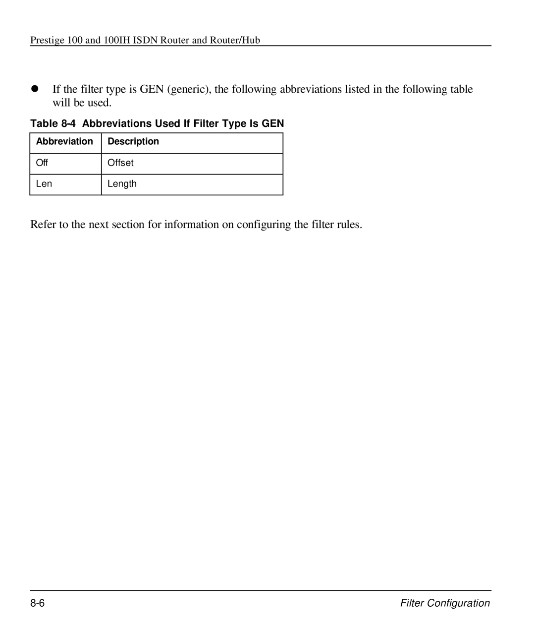 ZyXEL Communications 100IH manual Abbreviations Used If Filter Type Is GEN 