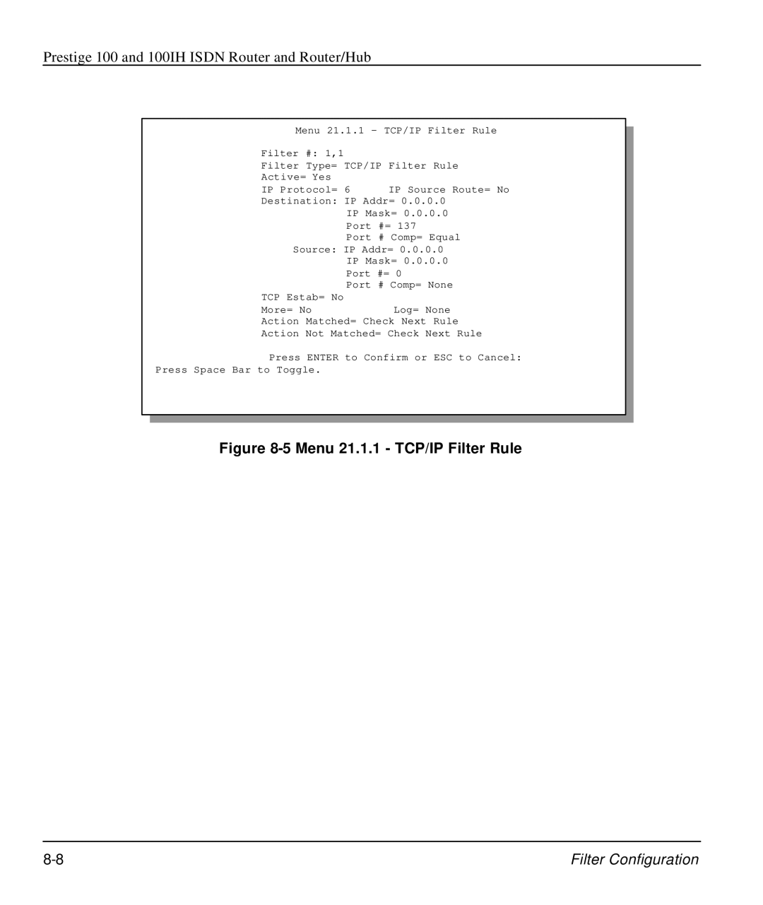 ZyXEL Communications 100IH manual Menu 21.1.1 TCP/IP Filter Rule 