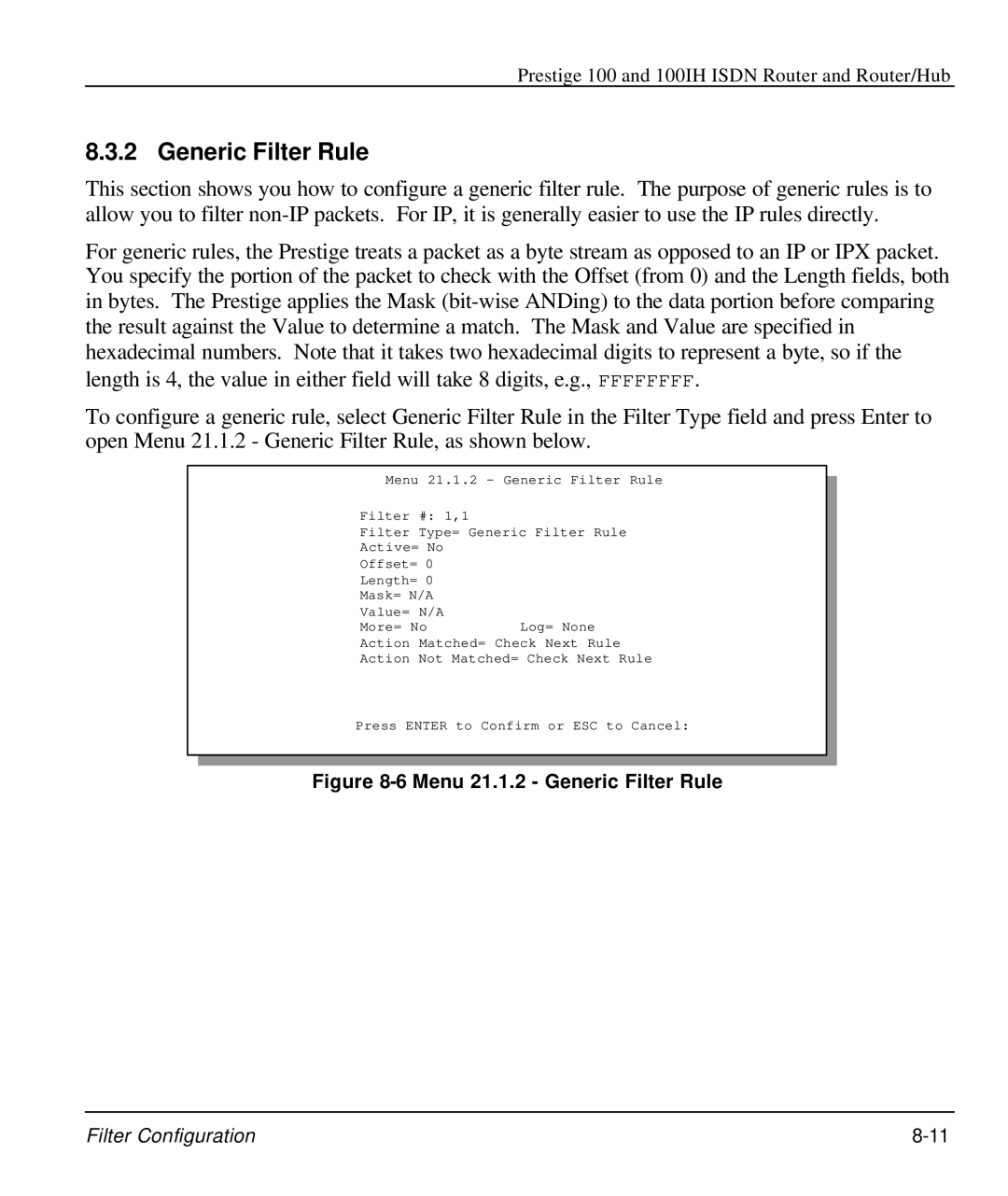 ZyXEL Communications 100IH manual Menu 21.1.2 Generic Filter Rule 