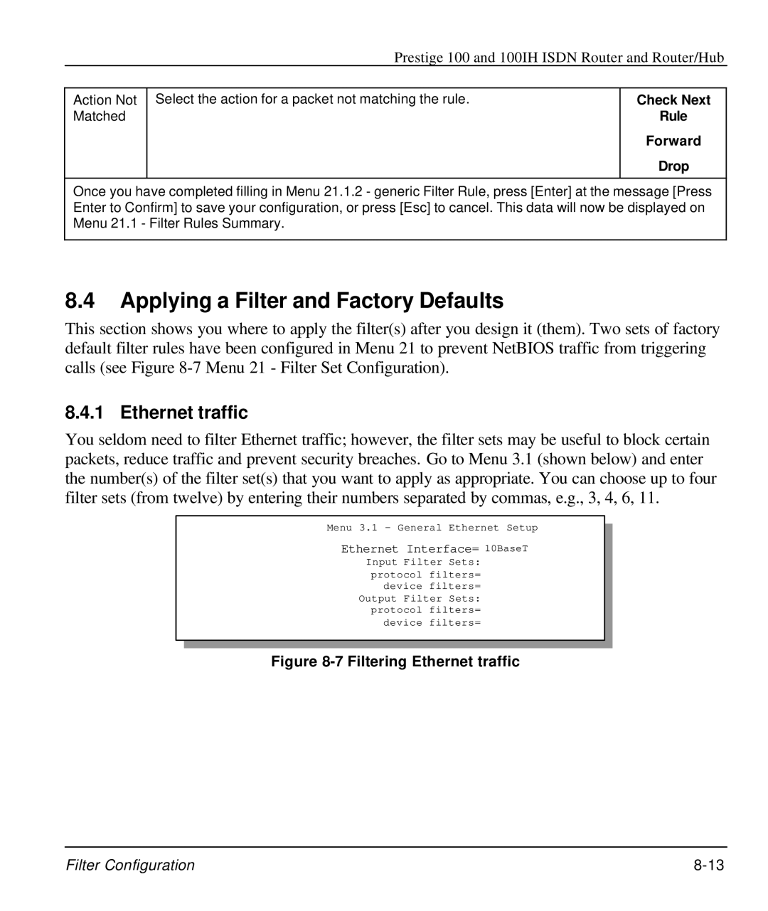 ZyXEL Communications 100IH manual Applying a Filter and Factory Defaults, Ethernet traffic, Check Next Rule Forward Drop 