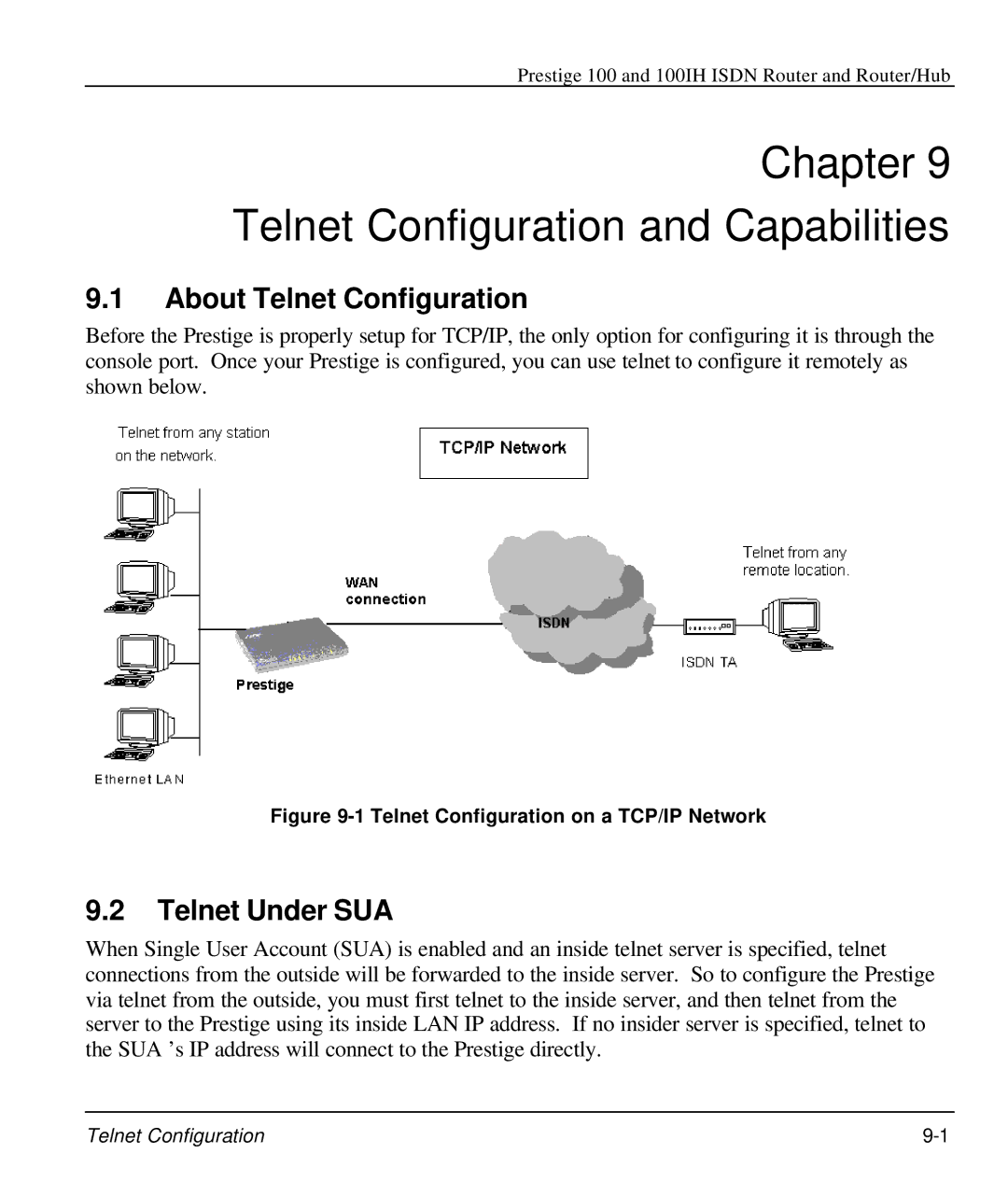 ZyXEL Communications 100IH manual Telnet Configuration and Capabilities, About Telnet Configuration, Telnet Under SUA 