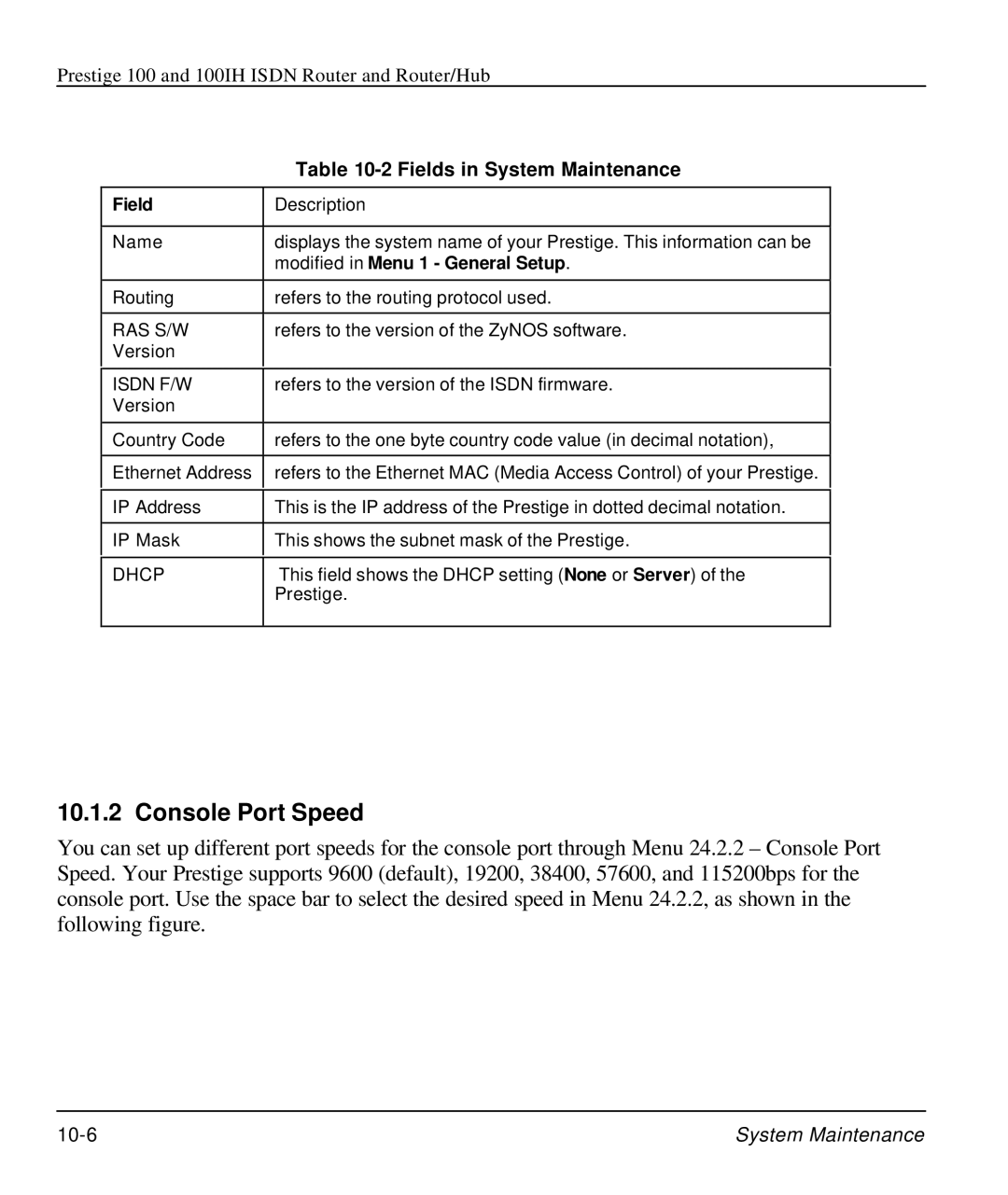 ZyXEL Communications 100IH manual Console Port Speed, Fields in System Maintenance, Modified in Menu 1 General Setup 