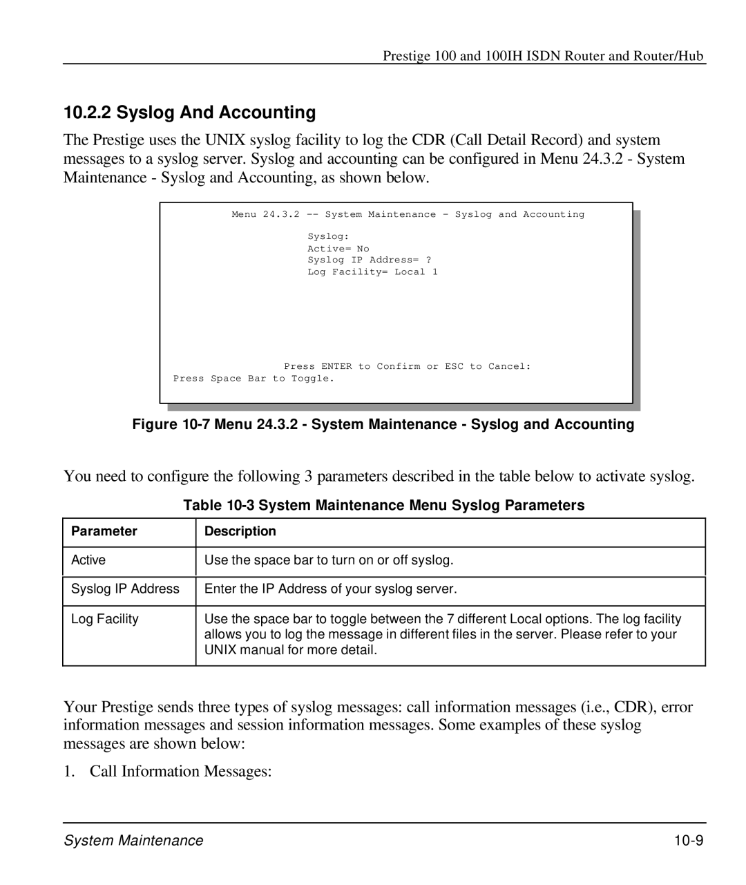 ZyXEL Communications 100IH manual Syslog And Accounting, System Maintenance Menu Syslog Parameters, Parameter Description 