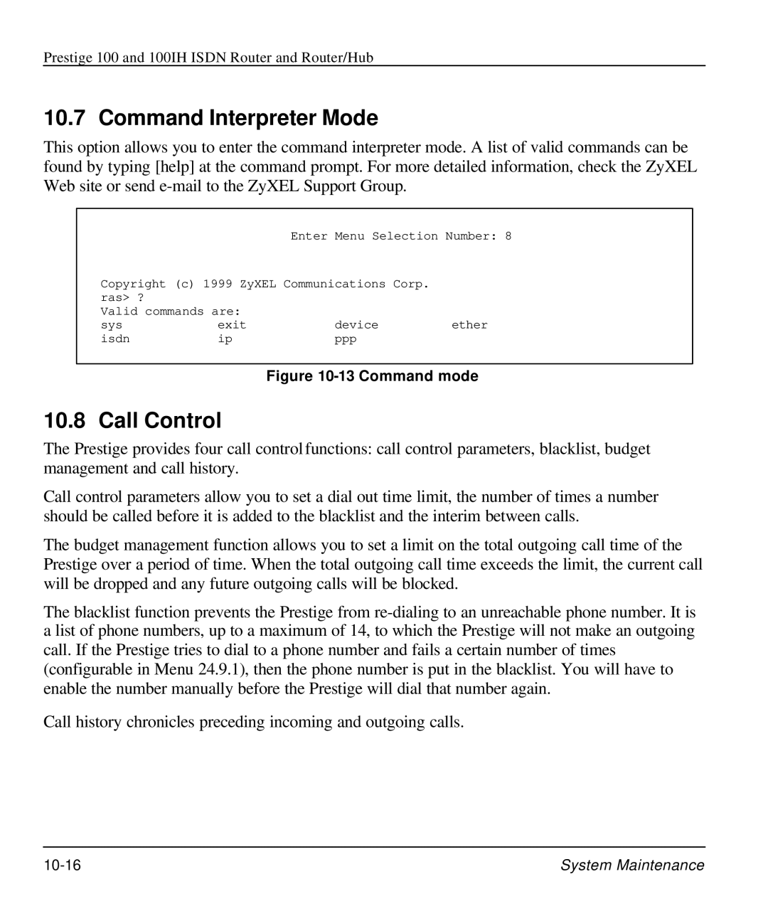 ZyXEL Communications 100IH manual Command Interpreter Mode, Call Control 