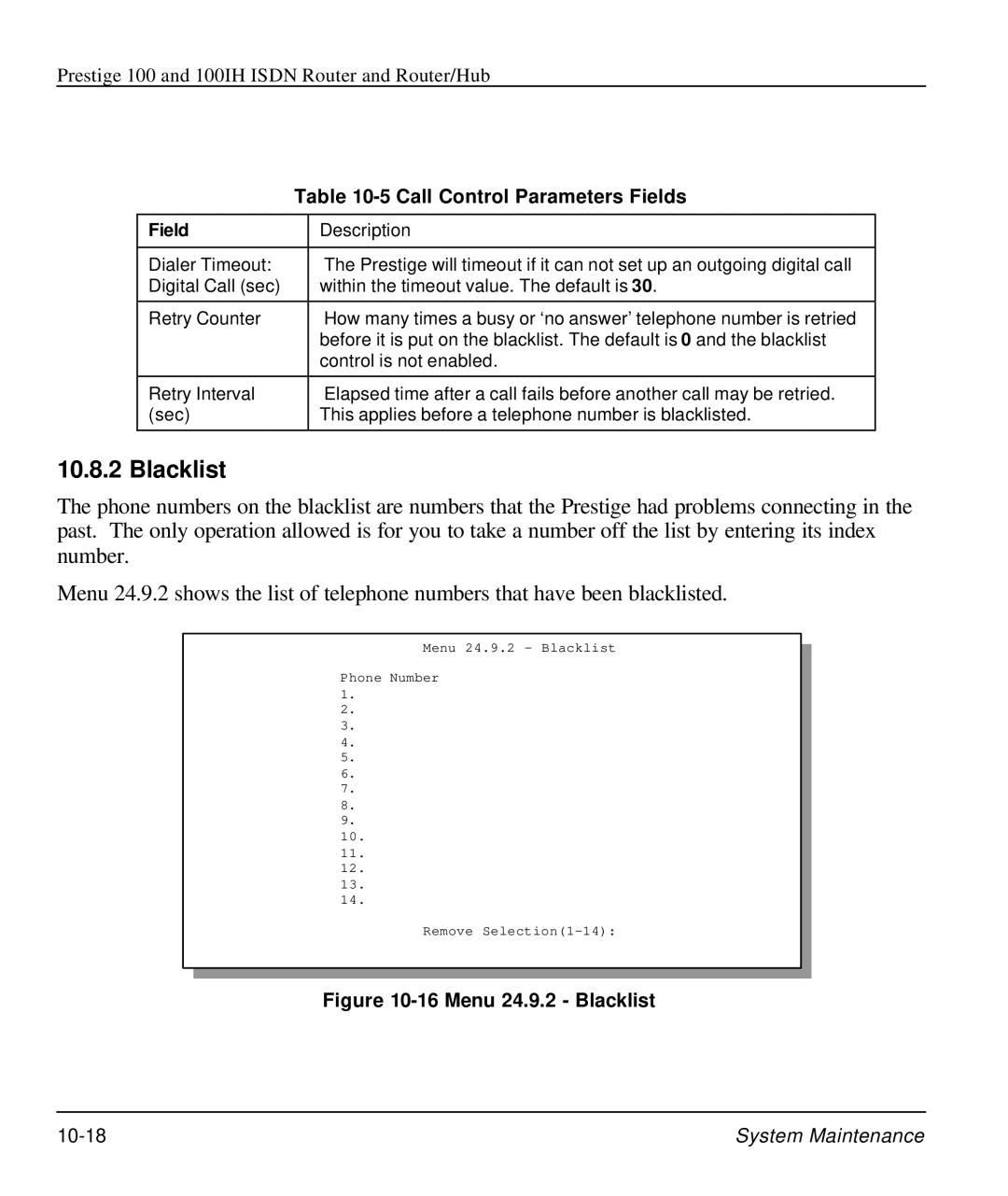 ZyXEL Communications 100IH manual Blacklist, Call Control Parameters Fields 