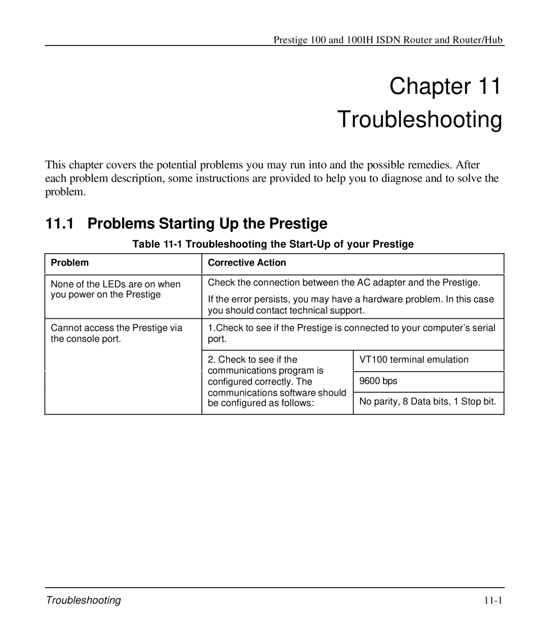 ZyXEL Communications 100IH manual Chapter Troubleshooting, Problems Starting Up the Prestige, Problem Corrective Action 