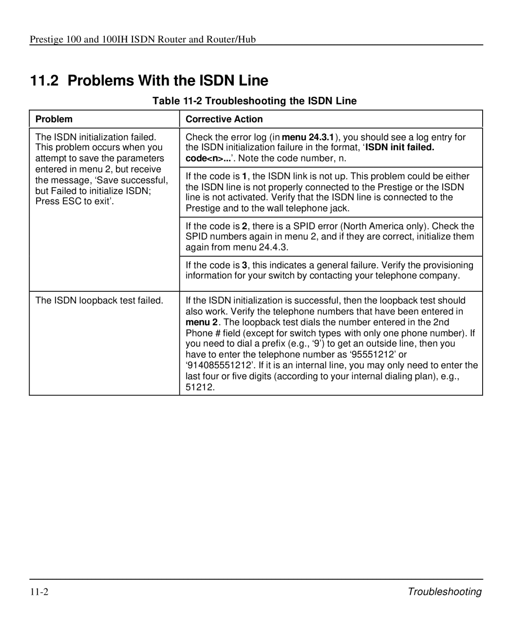 ZyXEL Communications 100IH manual Problems With the Isdn Line, Troubleshooting the Isdn Line 