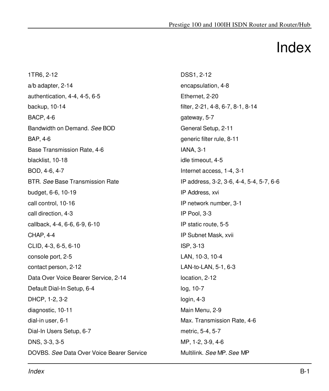 ZyXEL Communications 100IH manual Index 