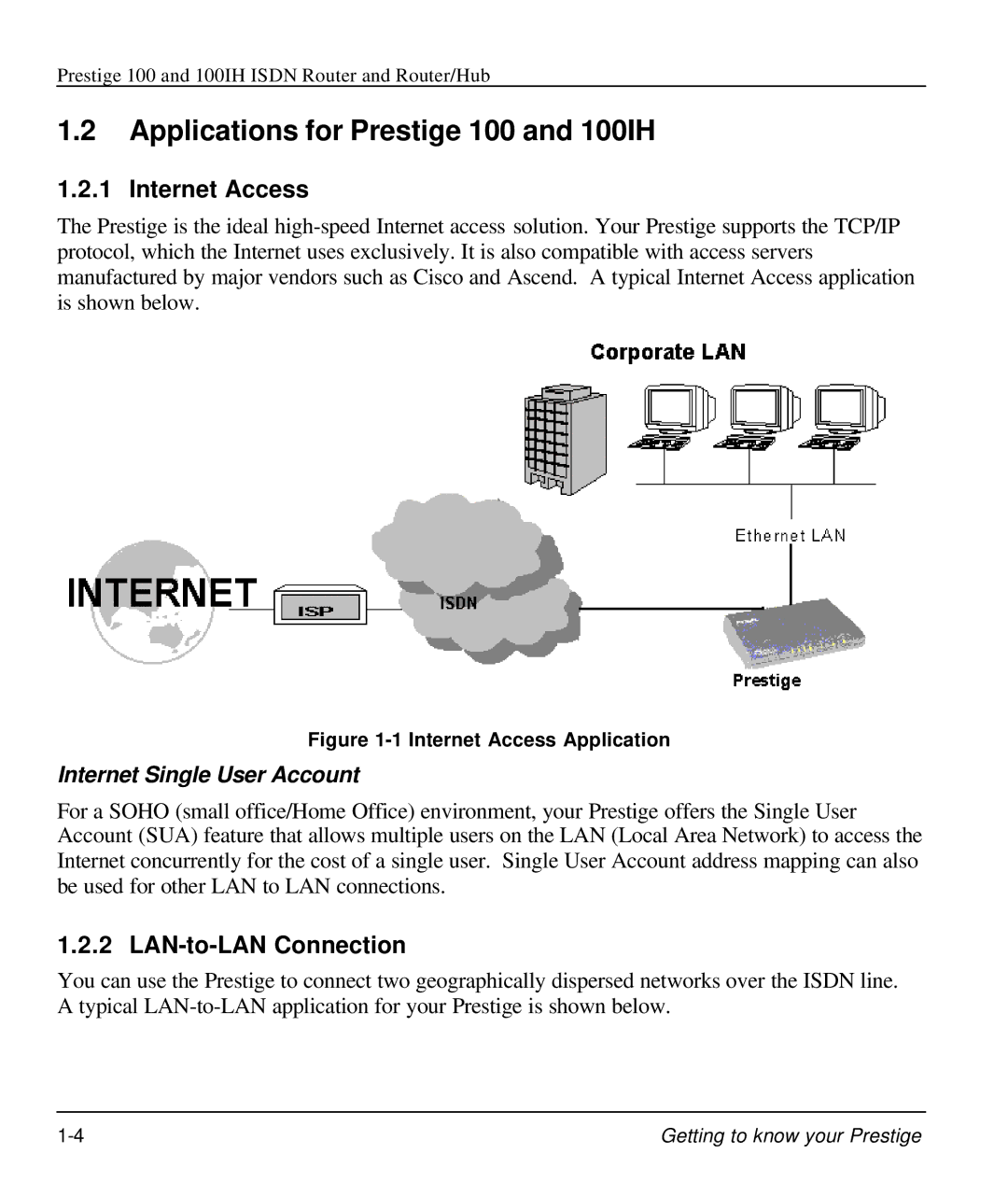 ZyXEL Communications manual Applications for Prestige 100 and 100IH, Internet Access, LAN-to-LAN Connection 