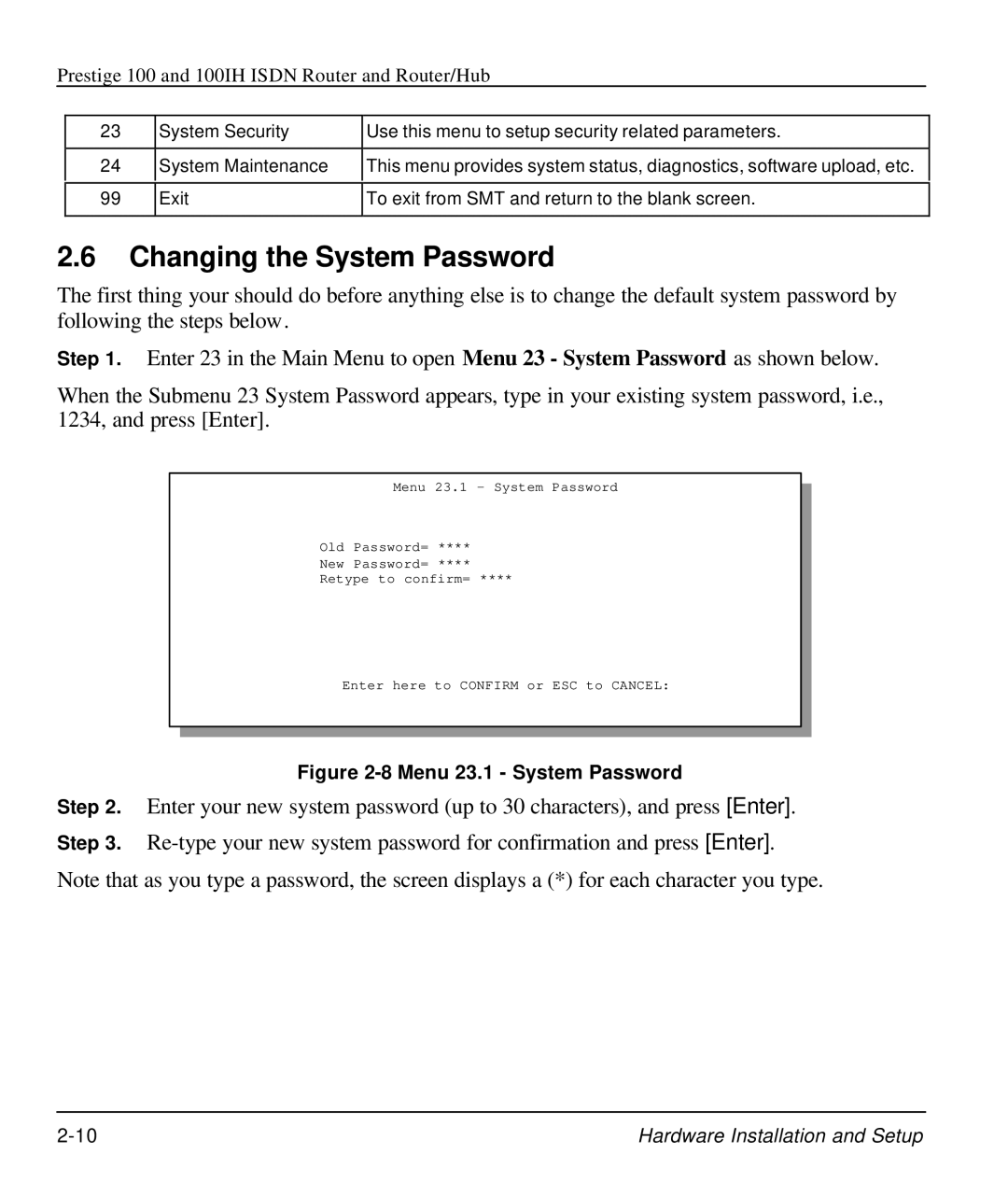 ZyXEL Communications 100IH manual Changing the System Password, Menu 23.1 System Password 