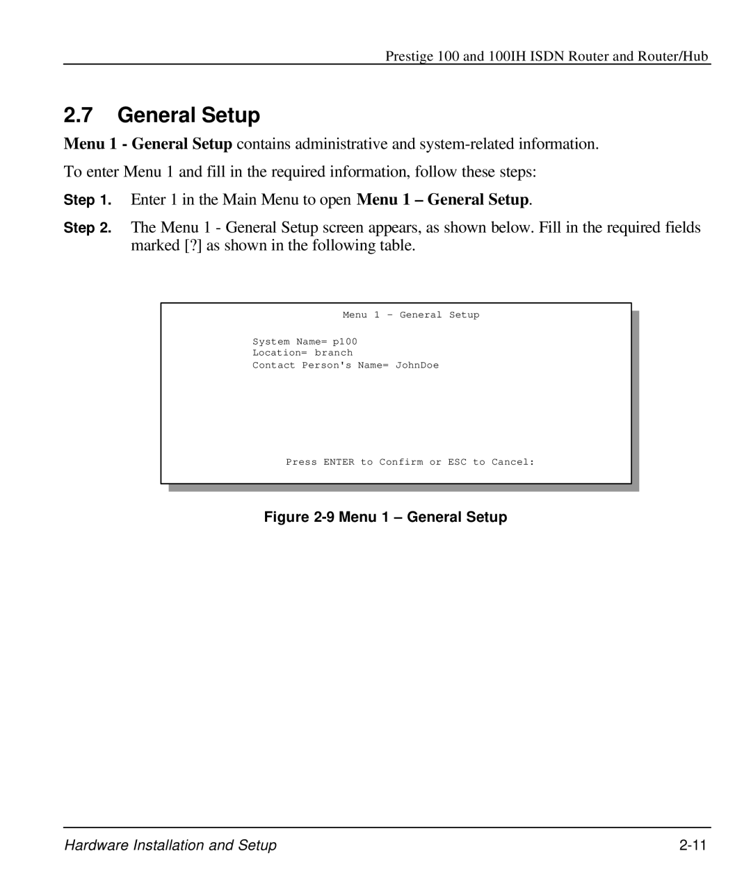 ZyXEL Communications 100IH manual Menu 1 General Setup 