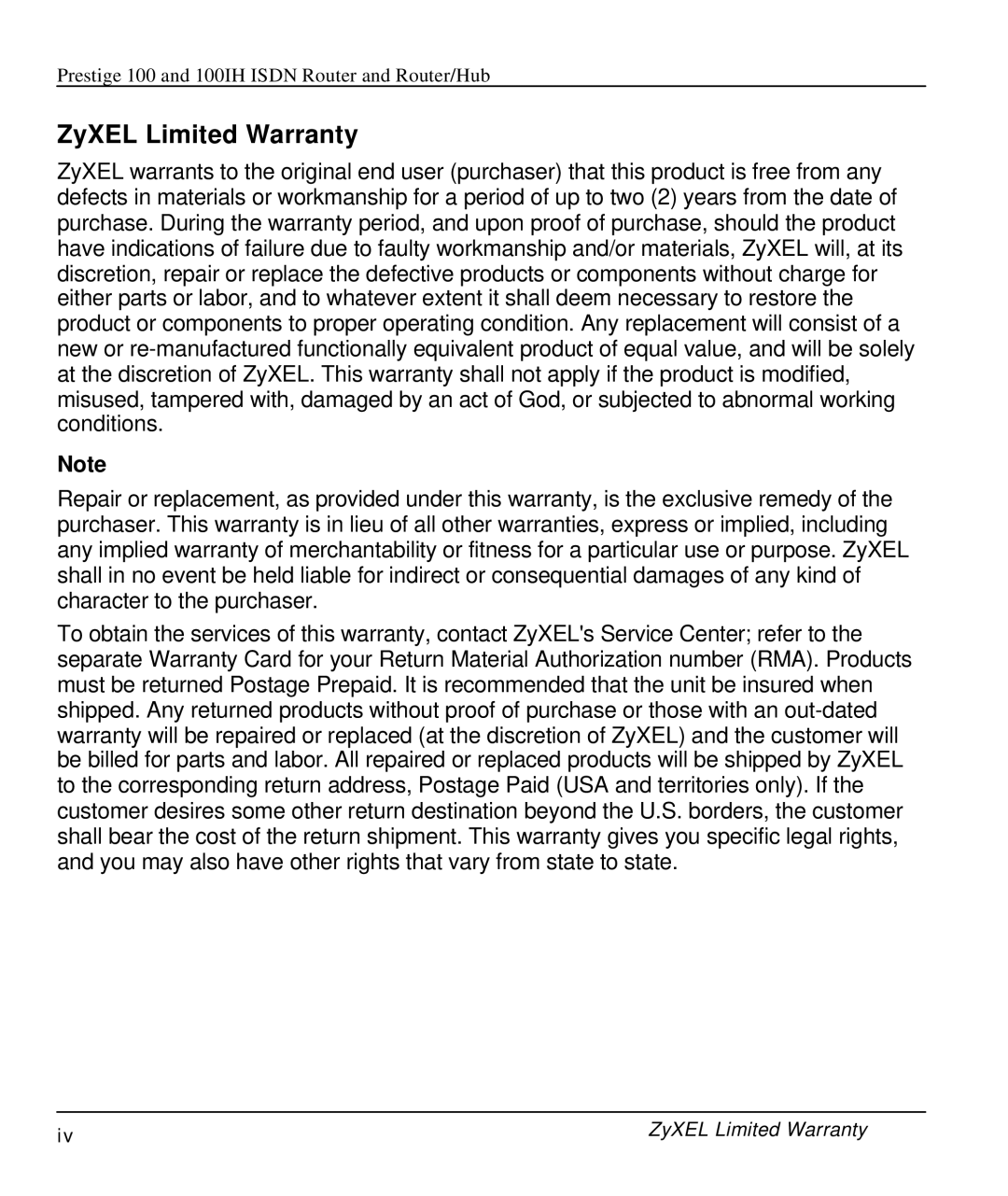 ZyXEL Communications 100IH manual ZyXEL Limited Warranty 