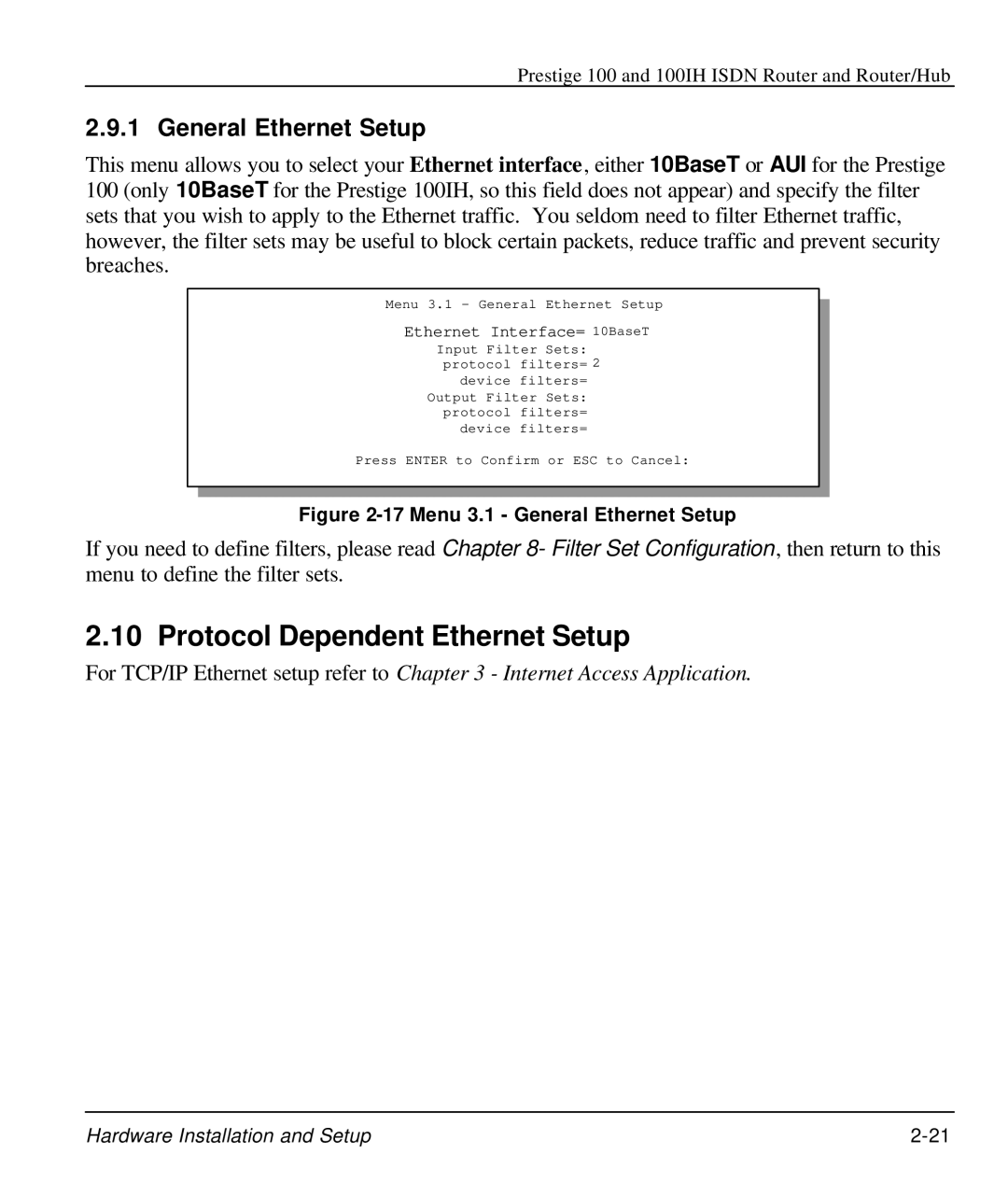 ZyXEL Communications 100IH manual Protocol Dependent Ethernet Setup, General Ethernet Setup 