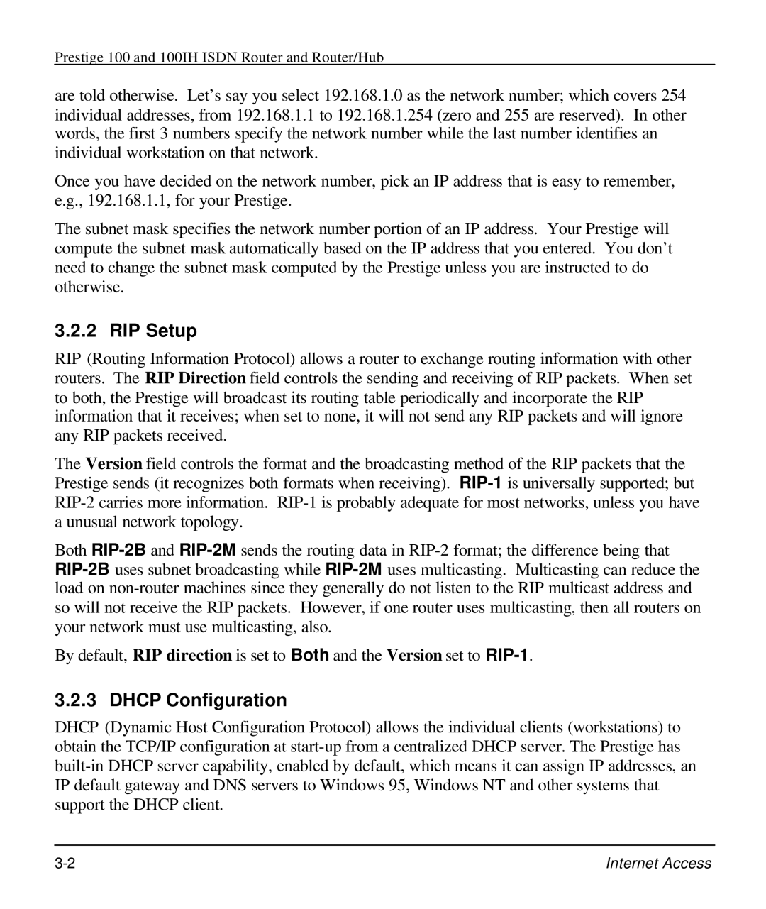 ZyXEL Communications 100IH manual RIP Setup, Dhcp Configuration 