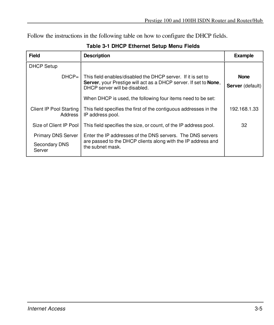 ZyXEL Communications 100IH manual Dhcp Ethernet Setup Menu Fields, Field Description Example 