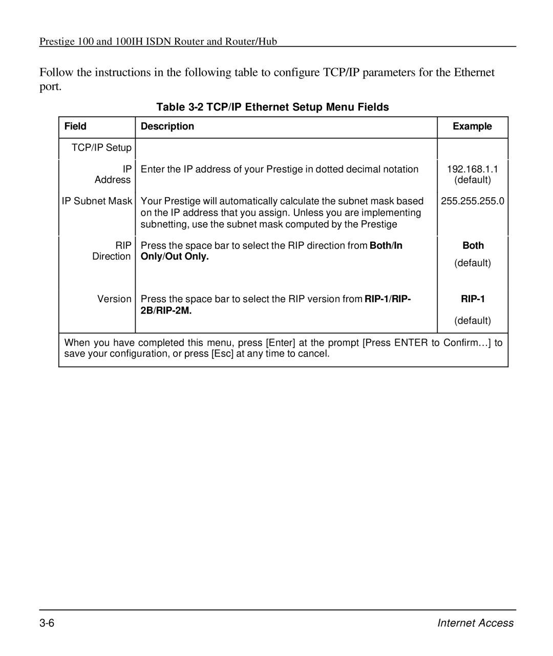 ZyXEL Communications 100IH manual TCP/IP Ethernet Setup Menu Fields, Only/Out Only, 2B/RIP-2M Both 