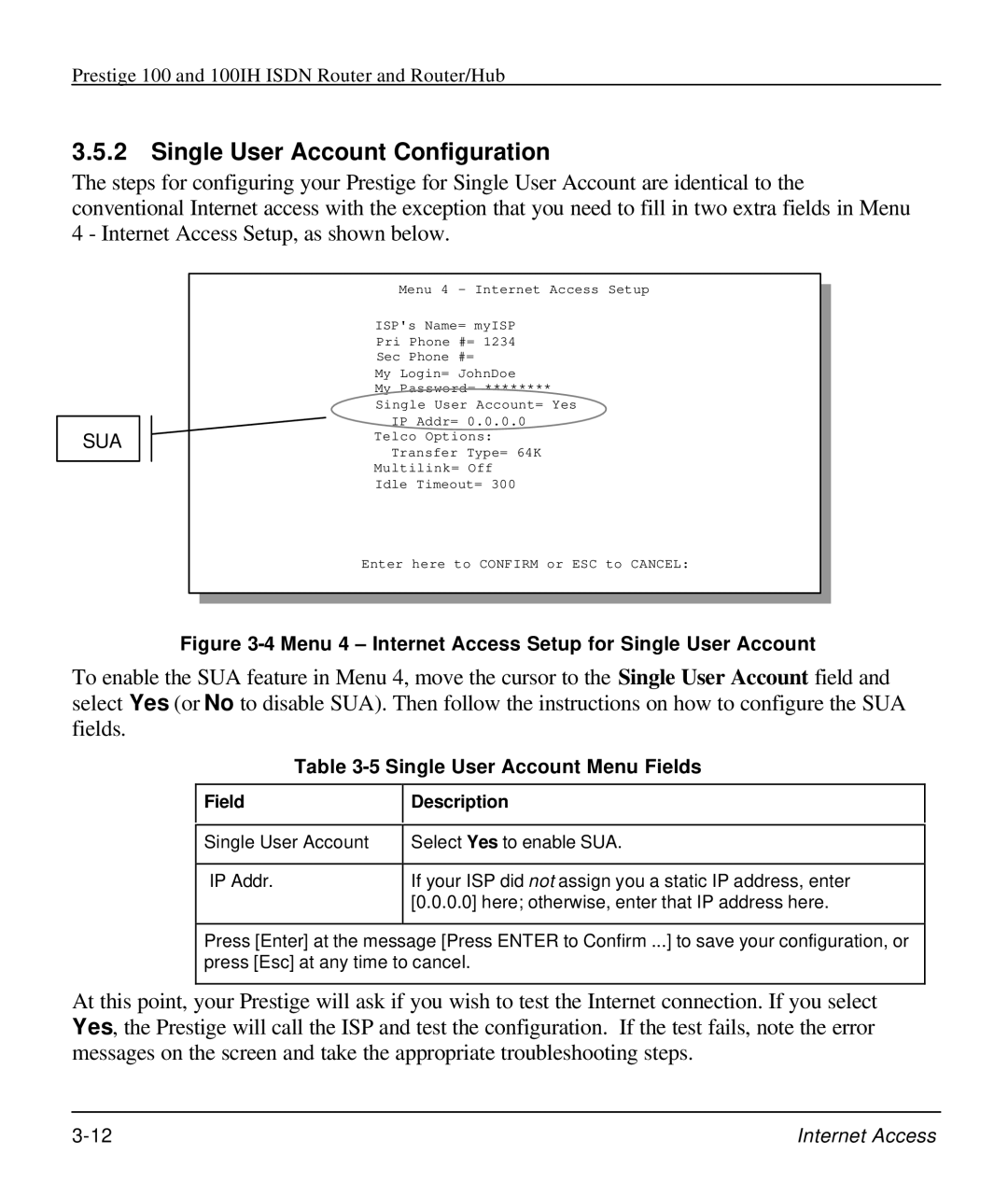 ZyXEL Communications 100IH manual Single User Account Configuration, Single User Account Menu Fields, Field Description 