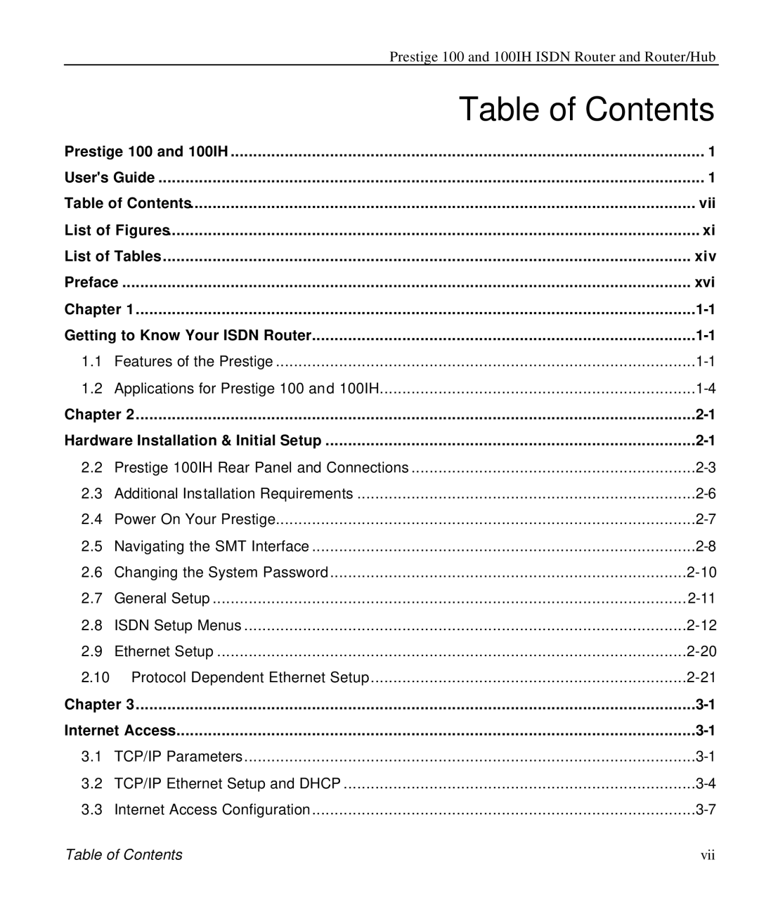 ZyXEL Communications 100IH manual Table of Contents 