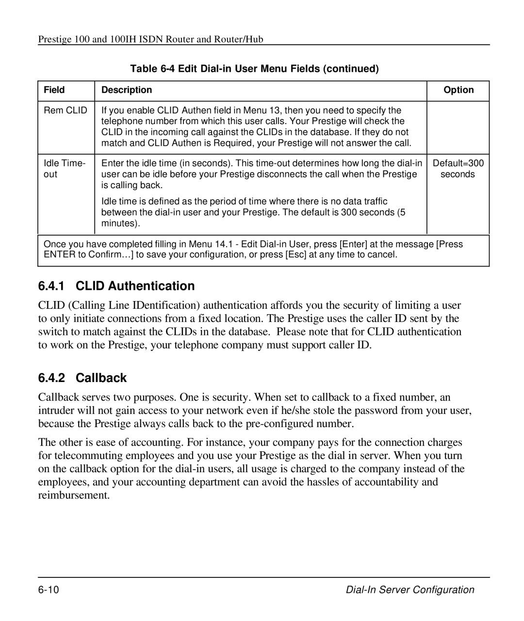 ZyXEL Communications 100IH manual Clid Authentication, Callback 