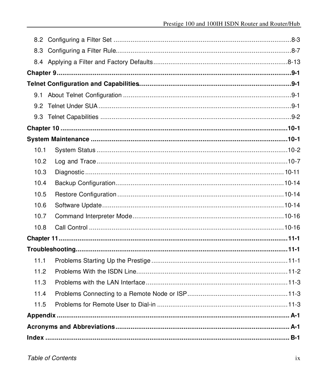 ZyXEL Communications 100IH manual 10-1, 11-1, Index 