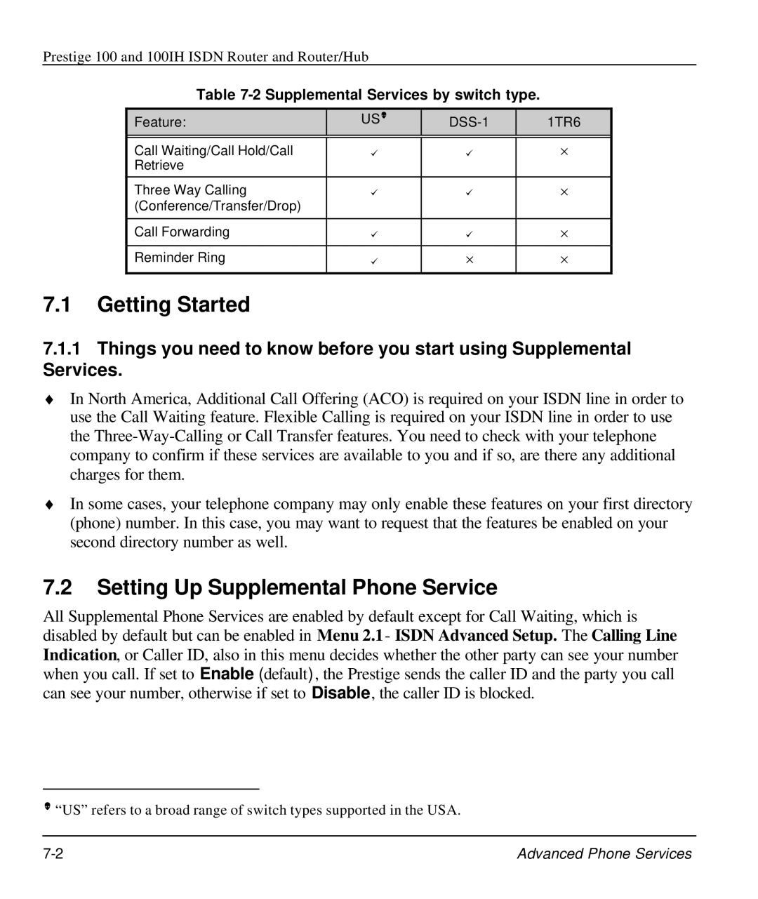 ZyXEL Communications 100 Getting Started, Setting Up Supplemental Phone Service, Supplemental Services by switch type 