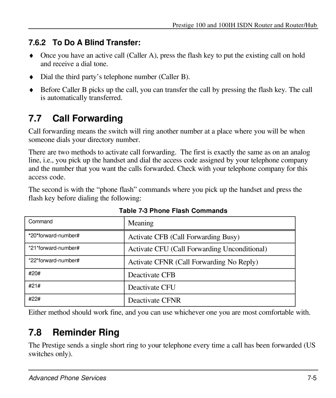 ZyXEL Communications 100IH manual Call Forwarding, Reminder Ring, To Do a Blind Transfer, Phone Flash Commands 