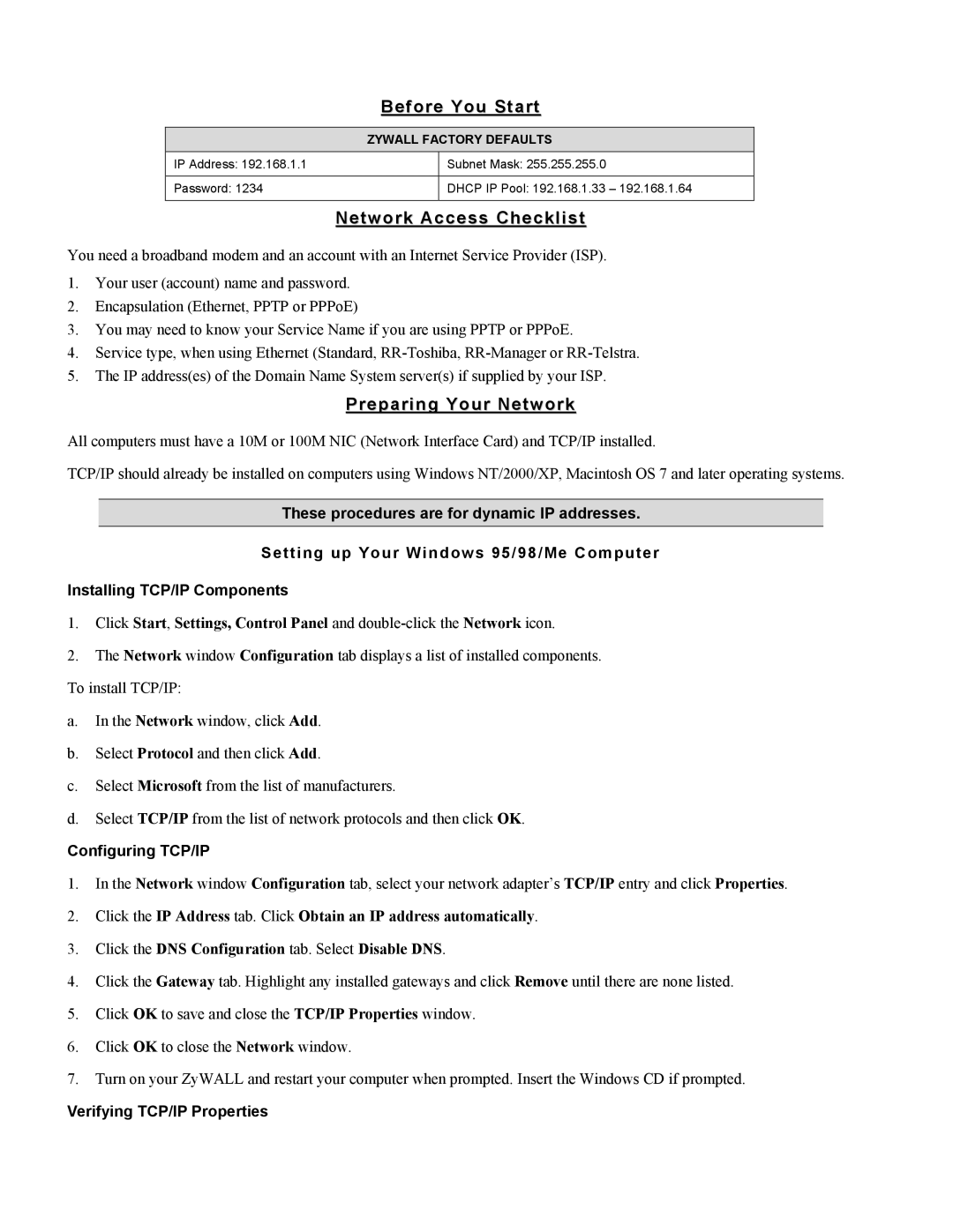 ZyXEL Communications 100 manual Before You Start, Network Access Checklist, Preparing Your Network, Configuring TCP/IP 