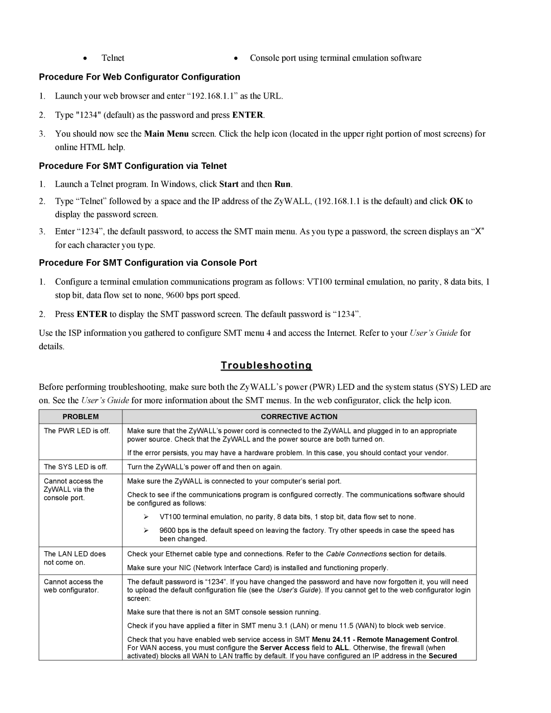 ZyXEL Communications 100 manual Troubleshooting, Procedure For Web Configurator Configuration 