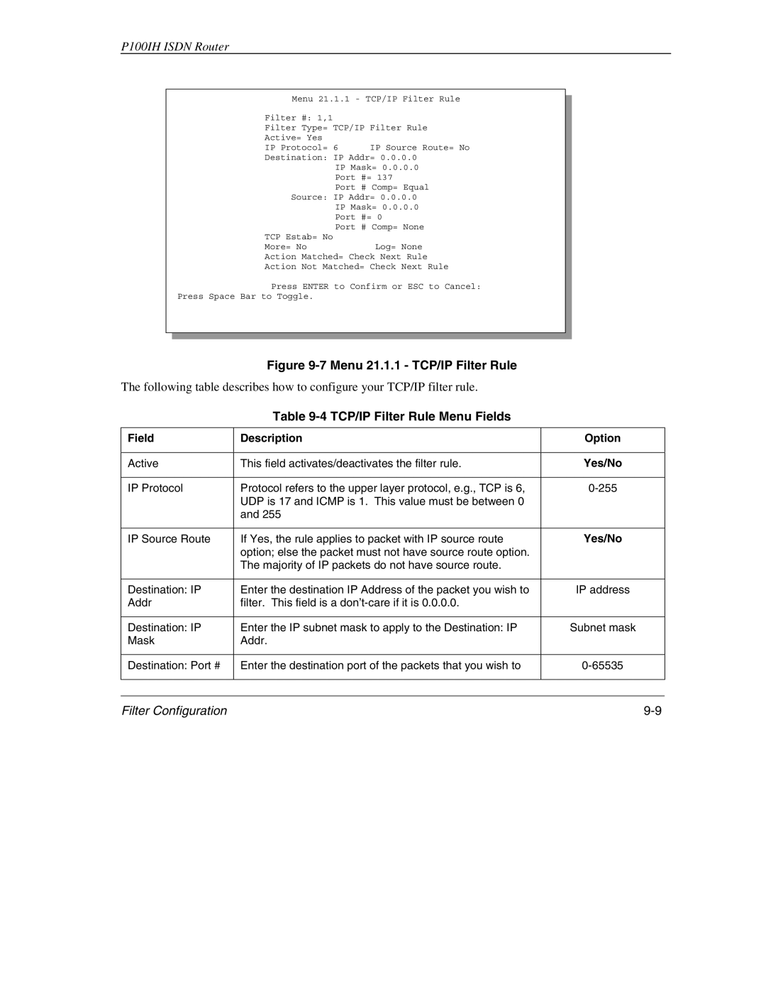 ZyXEL Communications 1001H manual Menu 21.1.1 TCP/IP Filter Rule, TCP/IP Filter Rule Menu Fields 