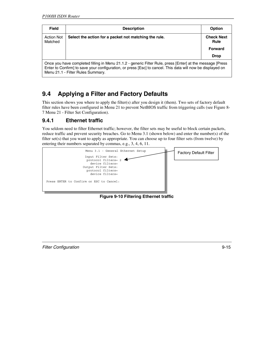 ZyXEL Communications 1001H manual Applying a Filter and Factory Defaults, Ethernet traffic 