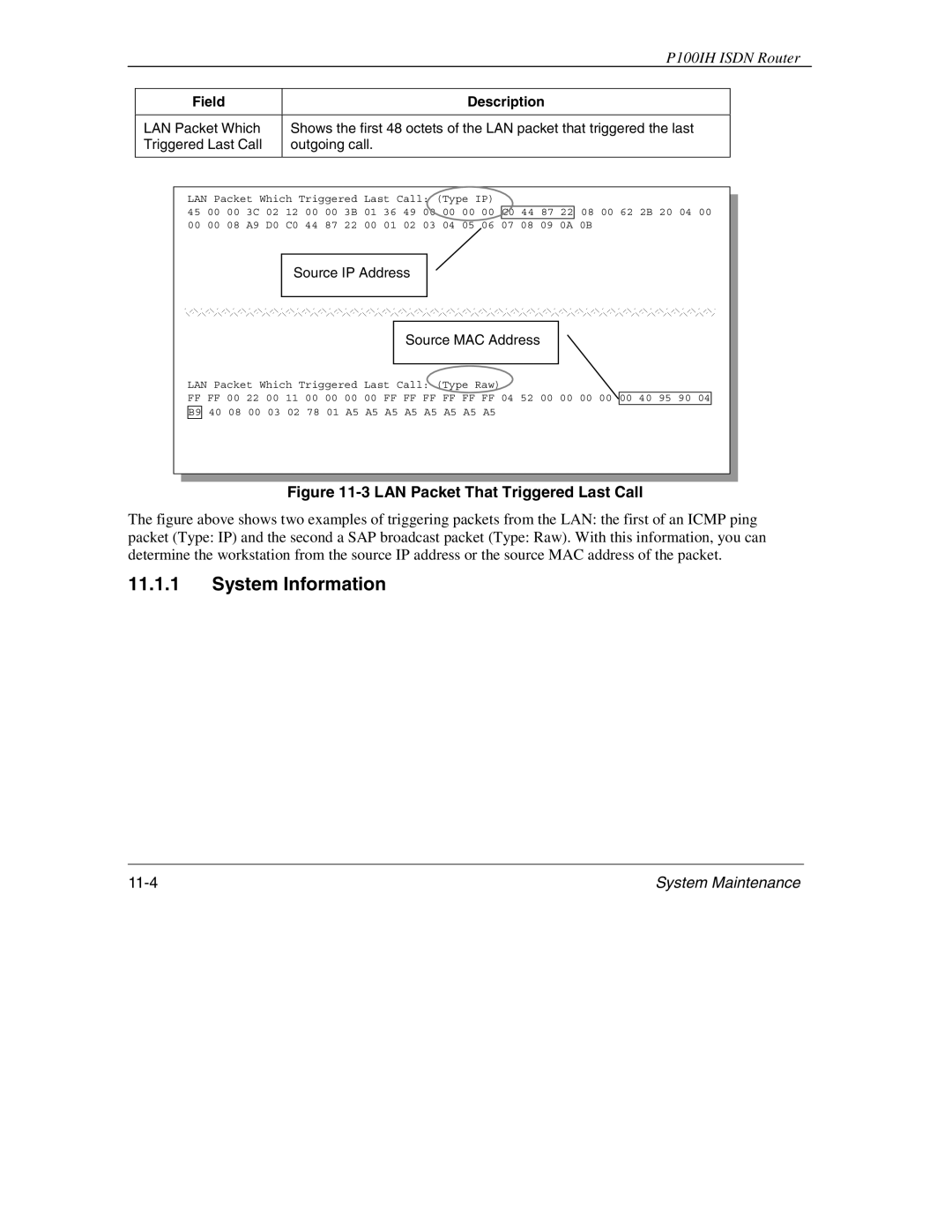 ZyXEL Communications 1001H manual System Information, LAN Packet That Triggered Last Call 