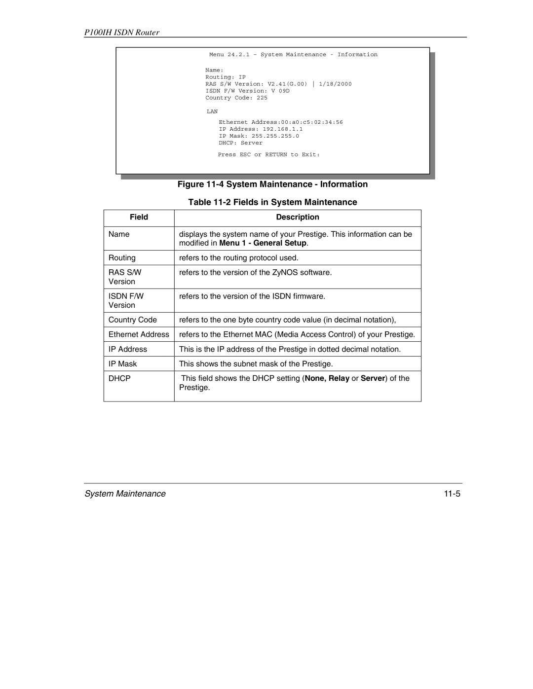 ZyXEL Communications 1001H manual System Maintenance 11-5, Modified in Menu 1 General Setup 