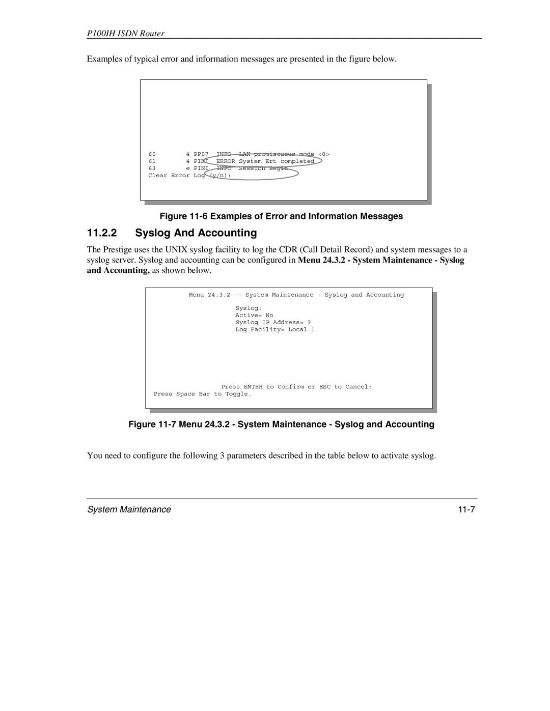 ZyXEL Communications 1001H manual Syslog And Accounting, System Maintenance 11-7 