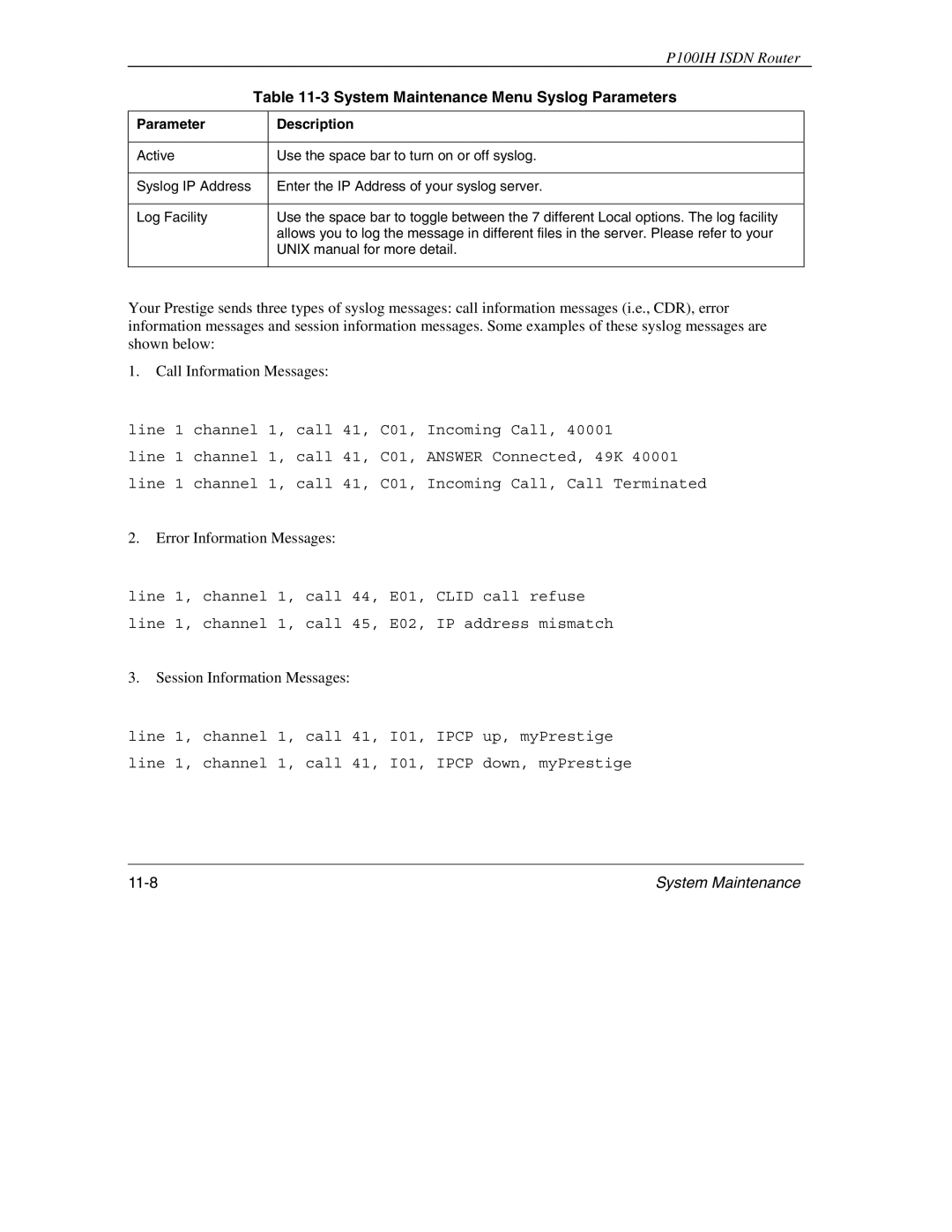 ZyXEL Communications 1001H manual System Maintenance Menu Syslog Parameters, Parameter Description 