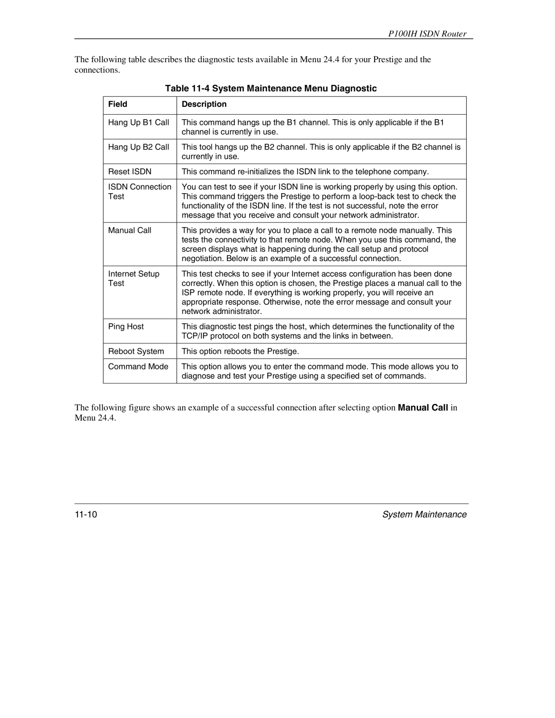 ZyXEL Communications 1001H manual System Maintenance Menu Diagnostic, Field Description 