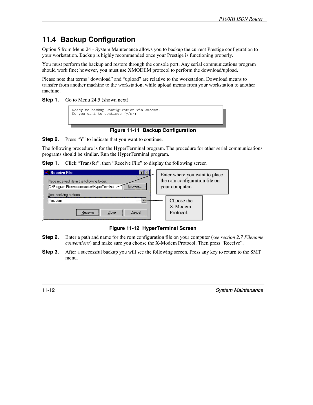 ZyXEL Communications 1001H manual Backup Configuration 