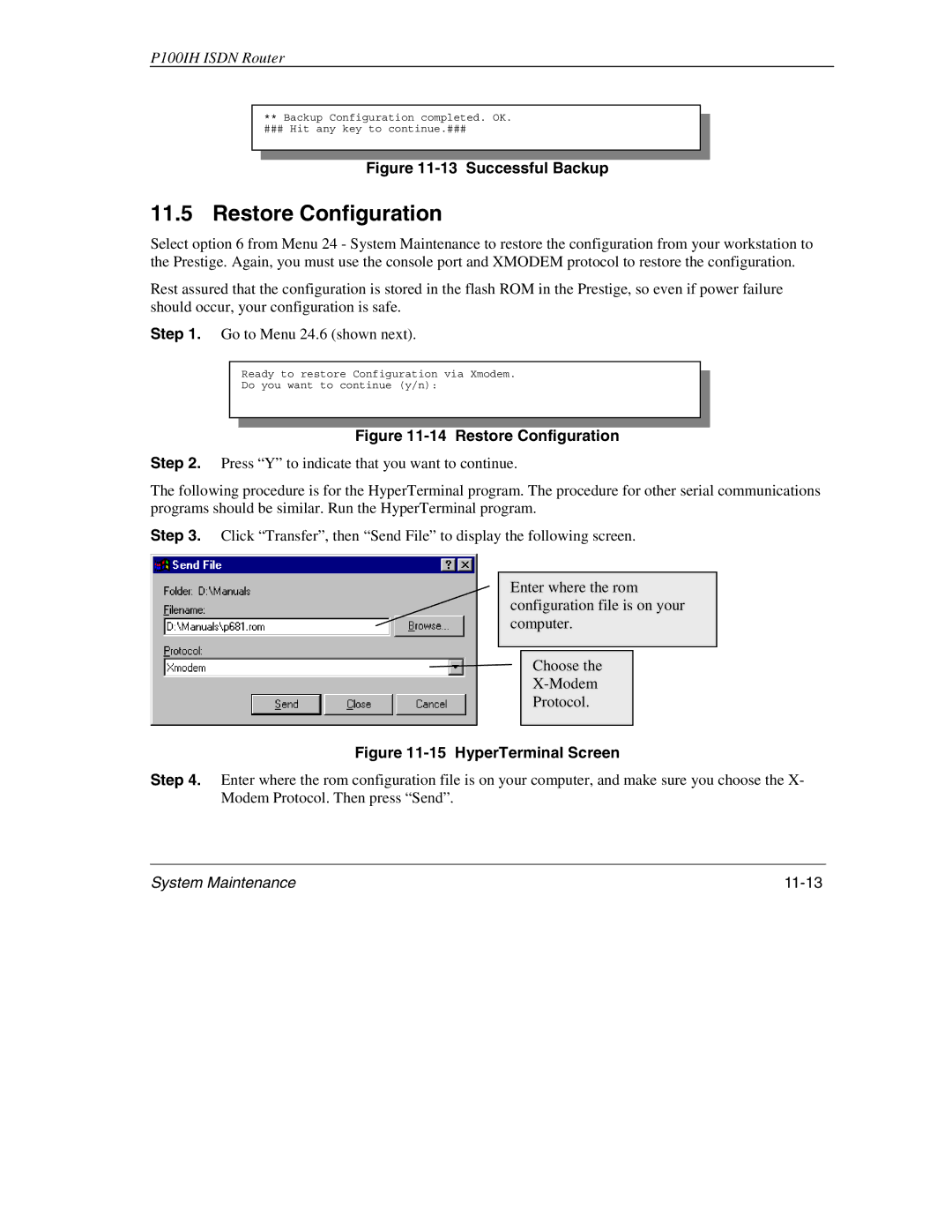 ZyXEL Communications 1001H manual Restore Configuration, System Maintenance 11-13 