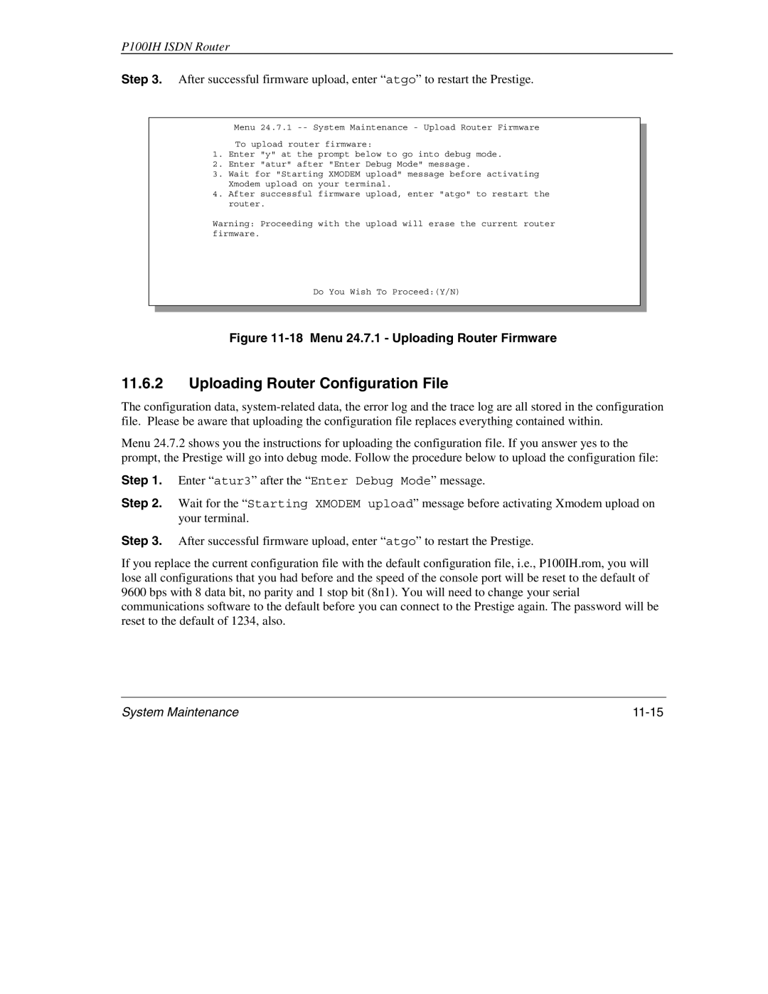 ZyXEL Communications 1001H manual Uploading Router Configuration File, System Maintenance 11-15 