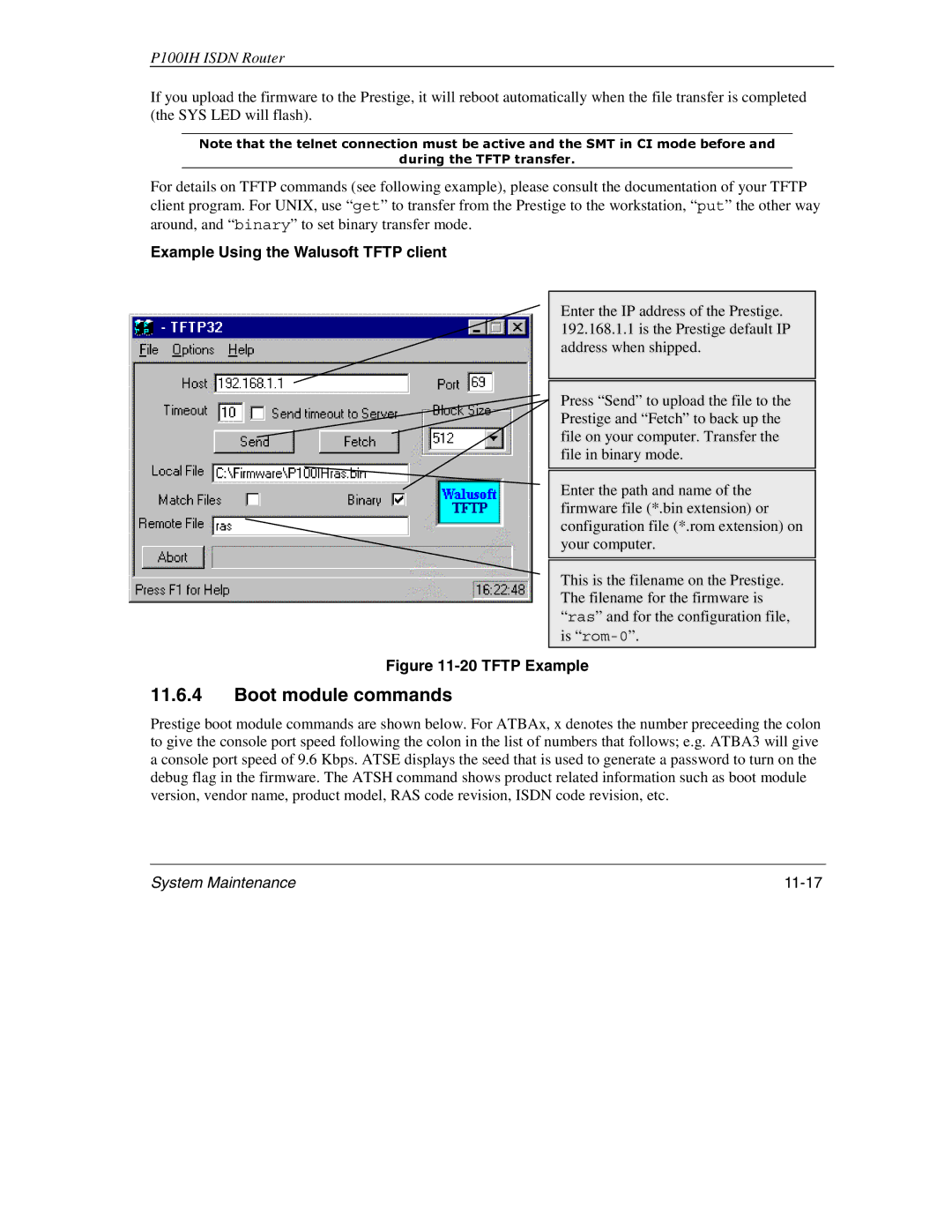 ZyXEL Communications 1001H manual Boot module commands, Example Using the Walusoft Tftp client, System Maintenance 11-17 