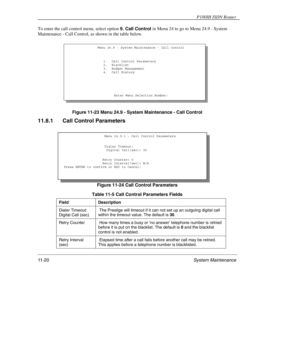 ZyXEL Communications 1001H manual Call Control Parameters, Menu 24.9 System Maintenance Call Control 